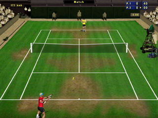 grass court, with wear spots, at end of tournament